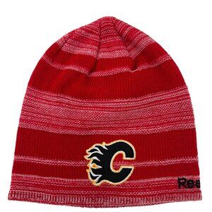 Reebok Unisex OSFA Red Striped Knit Calgary Flames NHL Hockey Logo Beanie Hat